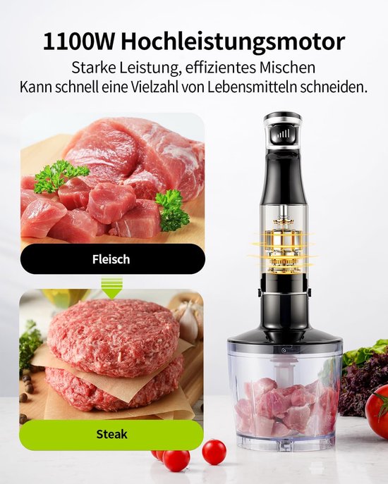 SnelShoppen - Handmixer 5-in-1 RVS, 1100 W, Traploze Snelheidsregeling, Met 2 Kloppers, 800 ml Maatbeker, 600 ml Hakker voor Keuken en Koken — afbeelding 2