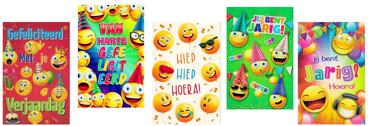 wenskaart - set van 5 - smiley - verjaardag - hartelijk gefeliciteerd - vrolijke verjaardag - vrolijke verjaardagskaart - jarig