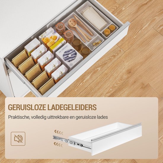 Witte keukenkast met ladegeleiders, praktijk en volledig uittrekbaar.