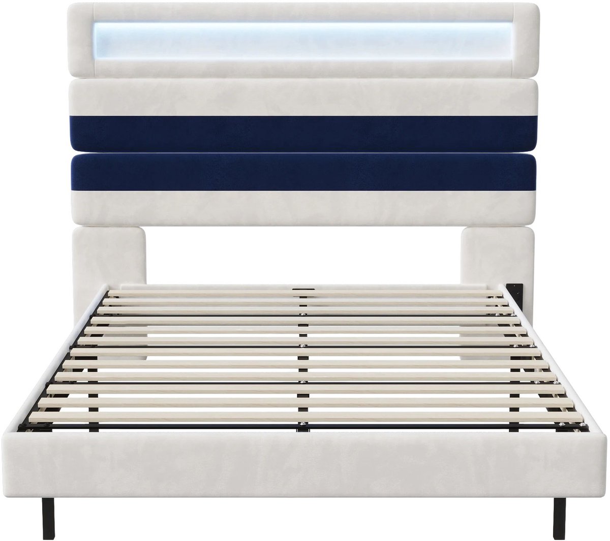 Happiq Gestoffeerd Tweepersoonsbed 140x190 cm Off White / Blauw - met LED Verlichting, Oplaadstation Off-white