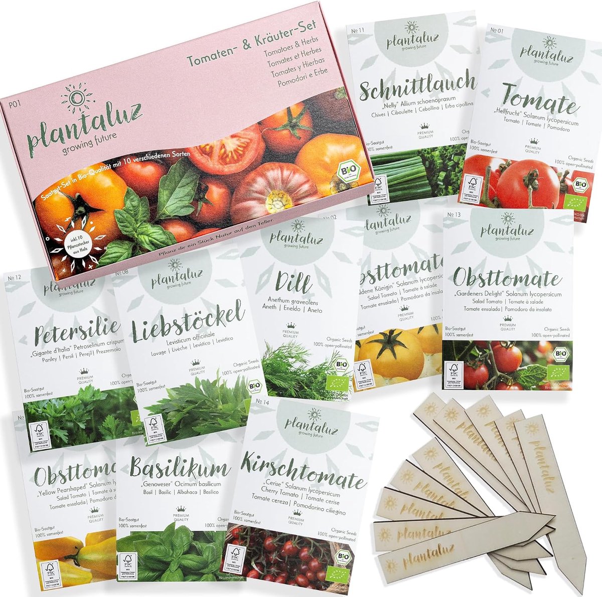 SnelShoppen - Bio Saatgut Set met 10 Soorten Tomaten & Kruiden voor Tuin, Balkon & Hochbeet - Premium Mix incl. Pflanzstecker - Samenfest, Gentechnikv