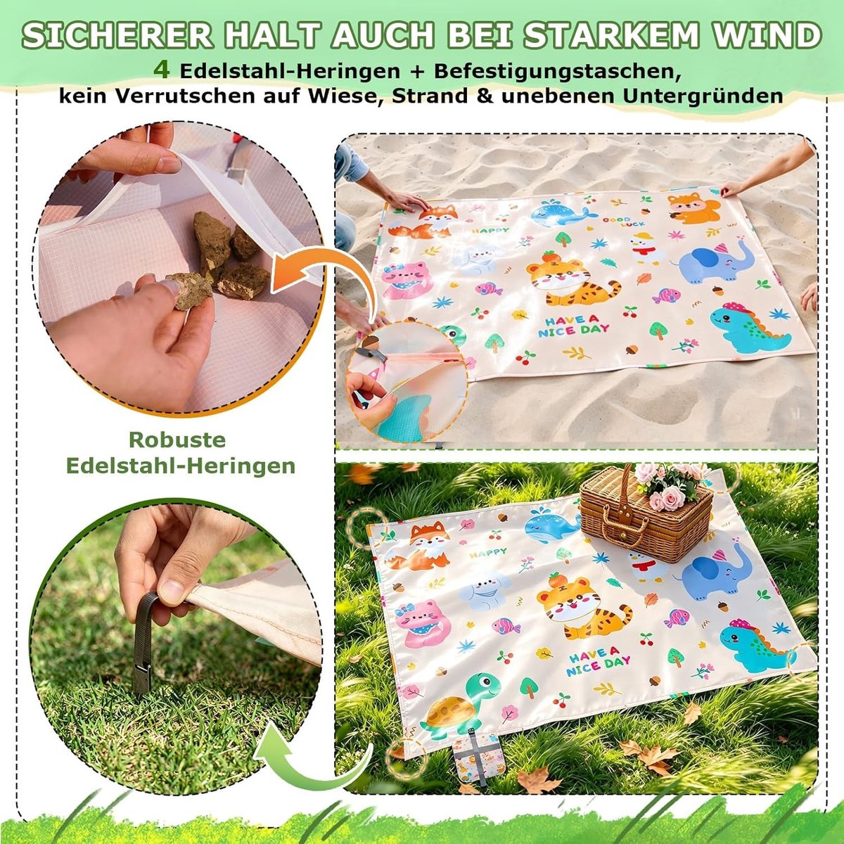 Kleine waterdichte picknickdeken 150 x 210 cm, ultralicht en opvouwbaar voor strand, camping en buitenactiviteiten, met haringen en zandvrije stof