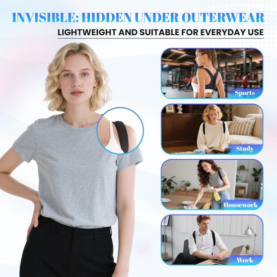 Verstelbare Houdingscorrector voor Mannen en Vrouwen - Ademend Ondersteuningsriem voor een Rechte Rug, Draagbaar en Comfortabel voor Onder Kleding (Medium) — afbeelding 4