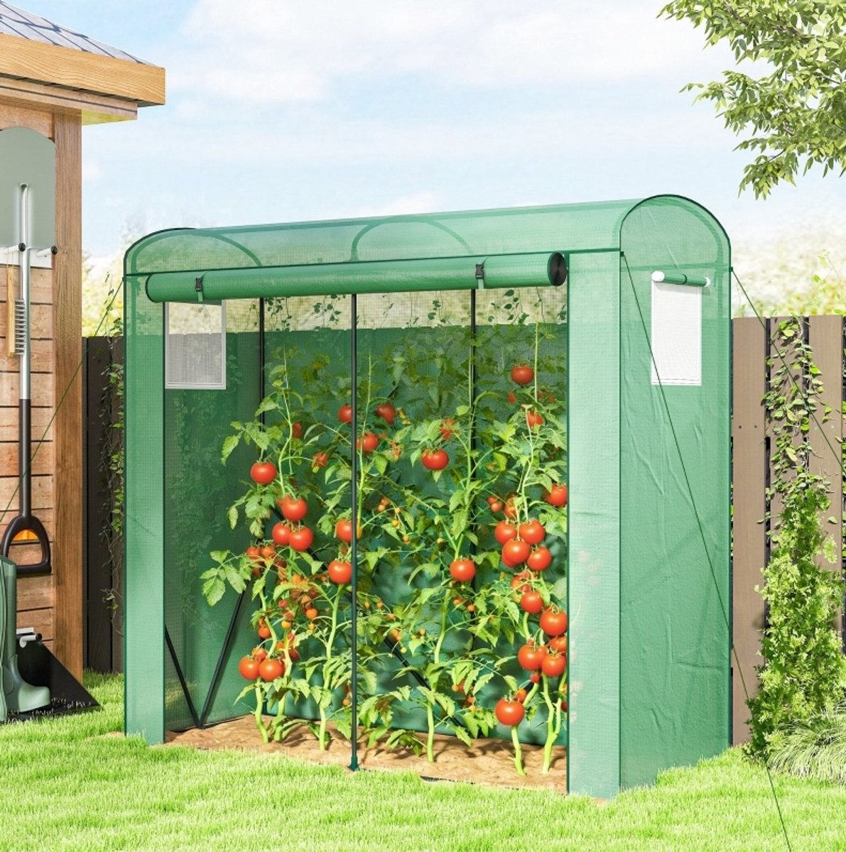 COVREO Tomatenkas 200 x 75 x 188 cm groen, staal met roldeur en gaasvensters