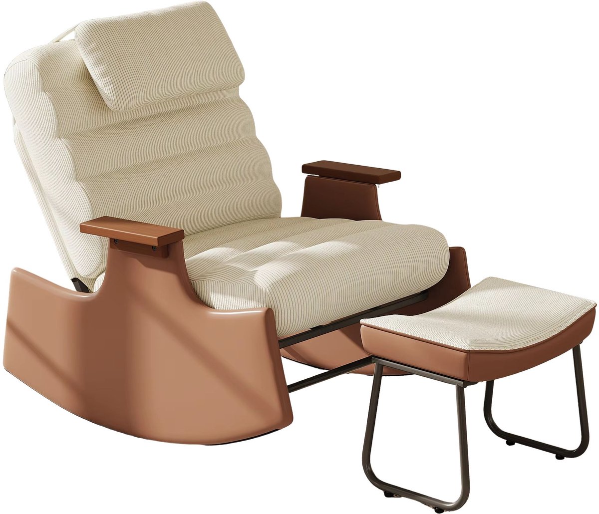 Relaxstoel met Voetenbank - Beige Corduroy en Teddystof - Comfortabele Recliner