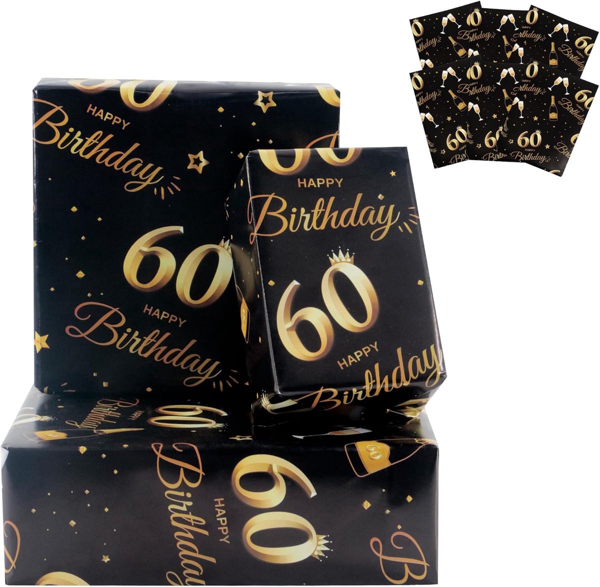 SnelShoppen - 6 Vellen Inpakpapier voor 60e Verjaardag, 70x50cm Zwart en Goud, Verjaardagsinpakpapier, 60e Verjaardag Cadeau Decoraties voor Mannen en