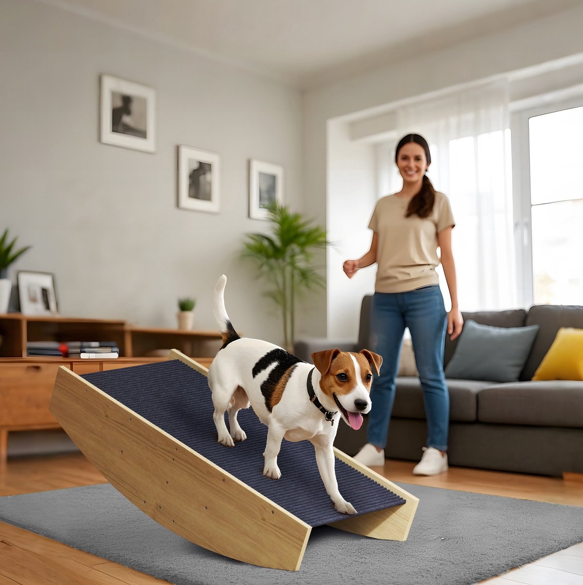 REDOM - Hondenwip - 2-in-1 balans- en loopplank - Antislip bekleding - Hout - Voor kleine en middelgrote honden - Natuurlijk hout - 80 x 39,5 x 20 cm