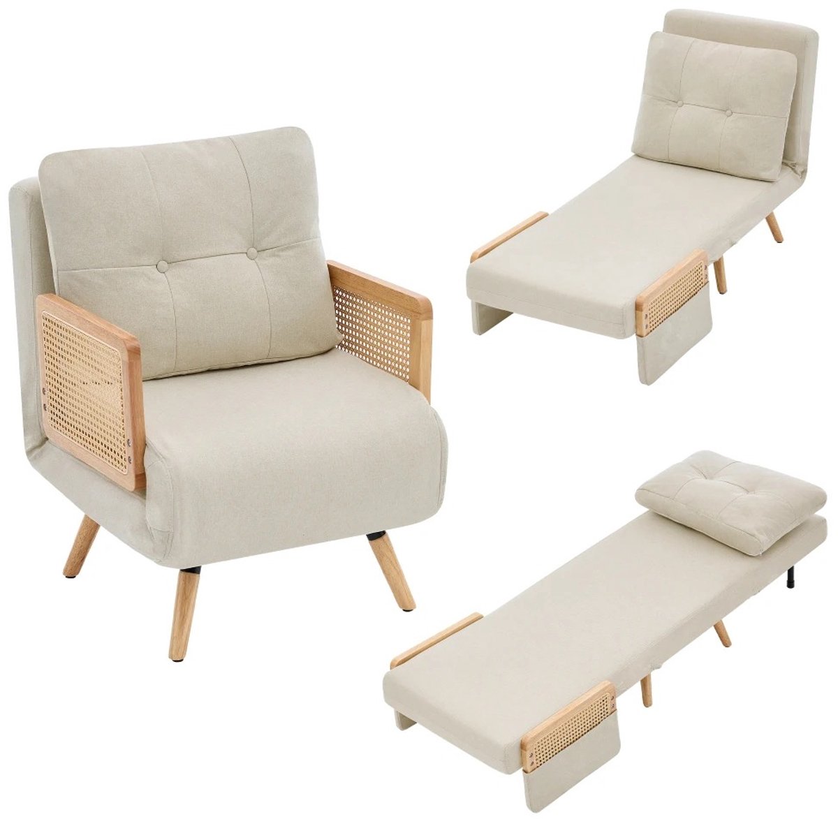 Emvae Stoel - Fauteuil - Relaxfauteuil - Loungestoel- 3-in-1 Fauteuil Bed - Opvouwbaar Logeerbed - Beige