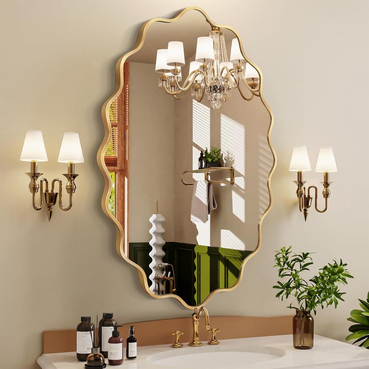 SnelShoppen - Ovalen Wavy Wandspiegel met Geborsteld Aluminium Frame en Veiligheidsglas voor Badkamer, Hal en Woonkamer - Modern en Duurzaam Design