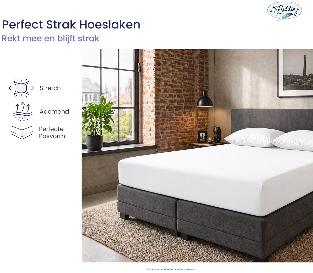 24-Bedding Jersey Hoeslaken - Extra zacht - 97% katoen - 3% Elastaan - 200x210 cm - Wit - 30 cm