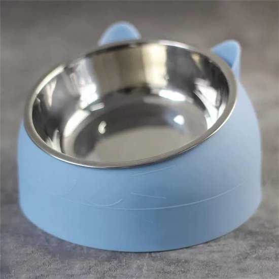 Blauwe kattenvoerbak met roestvrijstalen kom, met schuine stand en kattenoortjes.