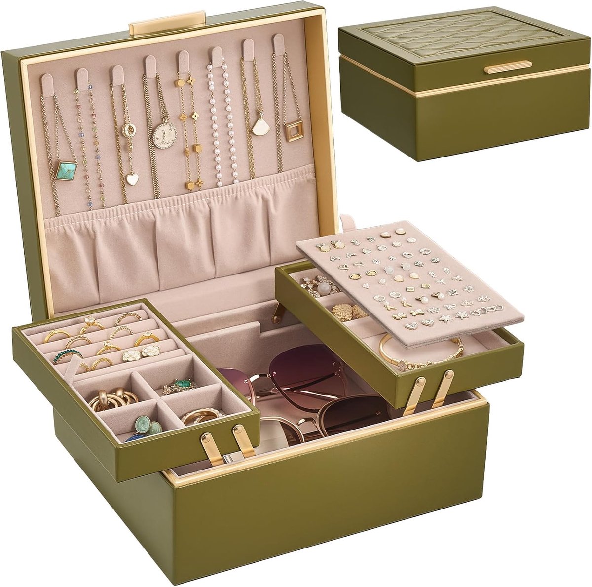 SnelShoppen - Luxe Sieraden Doos voor Vrouwen, 2 Laags Sieraden Organizer voor Kettingen, Ringen, Oorbellen, Armbanden, Olijfgroen, Ideaal voor Elke G