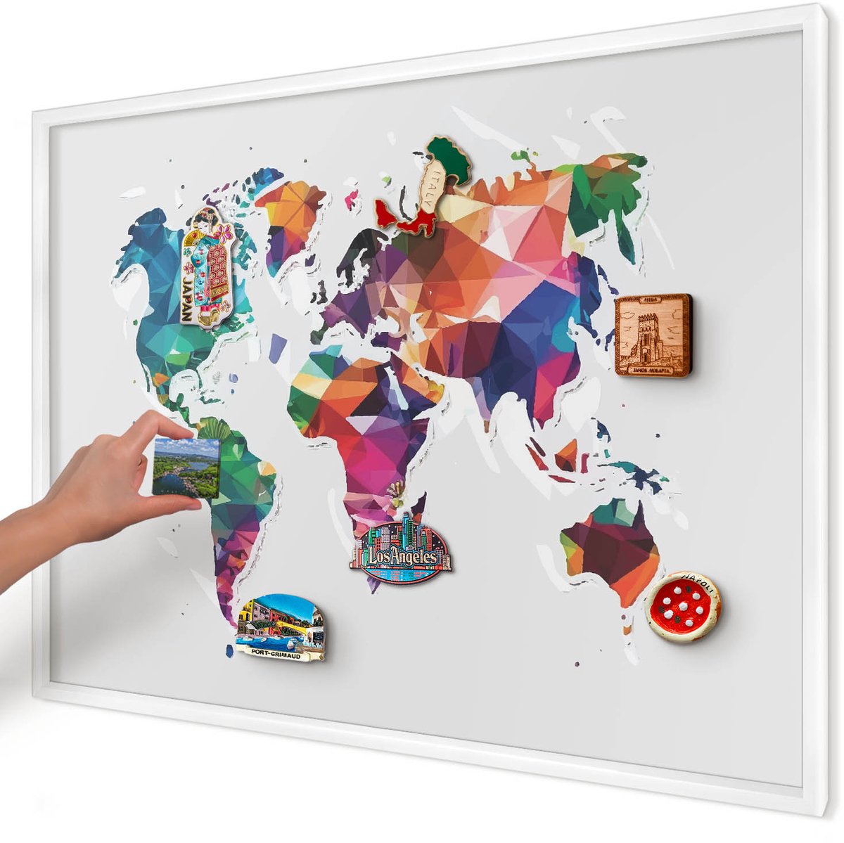 Artprintcave Grijs Magneetbord mit Witte Lijst - 100x70 cm - Wereldkaart Magneetbord Voor Foto's - Geometrische Wandbord Magnetisch - Kaarten