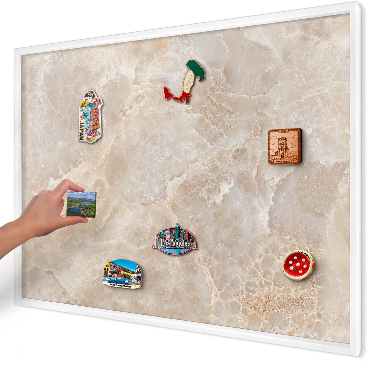 Artprintcave Romig Magneetbord mit Witte Lijst - 100x70 cm - Crème Marmer Magnetisch Bord Voor Magneten - Modern Memobord Keuken - Texturen