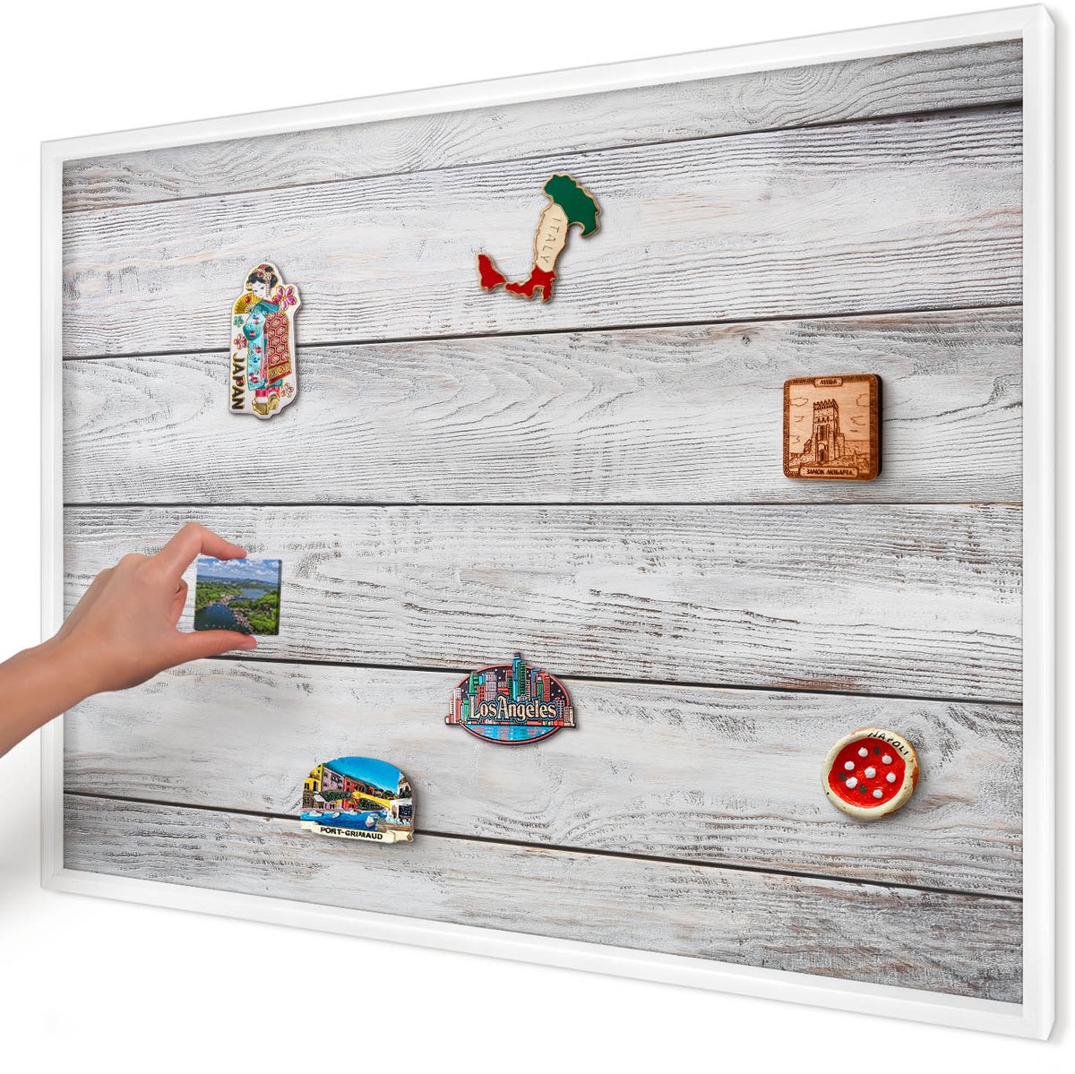 Artprintcave Wit Magneetbord mit Witte Lijst - 100x70 cm - Rustiek Hout Wandbord Magnetisch - Rustiek Memobord Keuken - Texturen