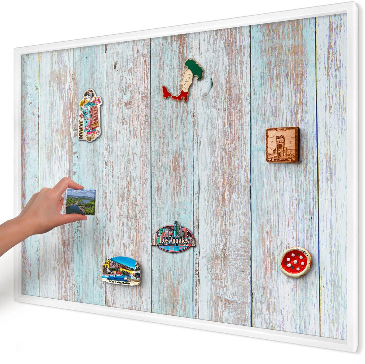 Artprintcave Blauw Magneetbord mit Witte Lijst - 100x70 cm - Rustieke Planken Magnetisch Bord Voor Magneten - Rustiek Magnetische Organizer - Texturen