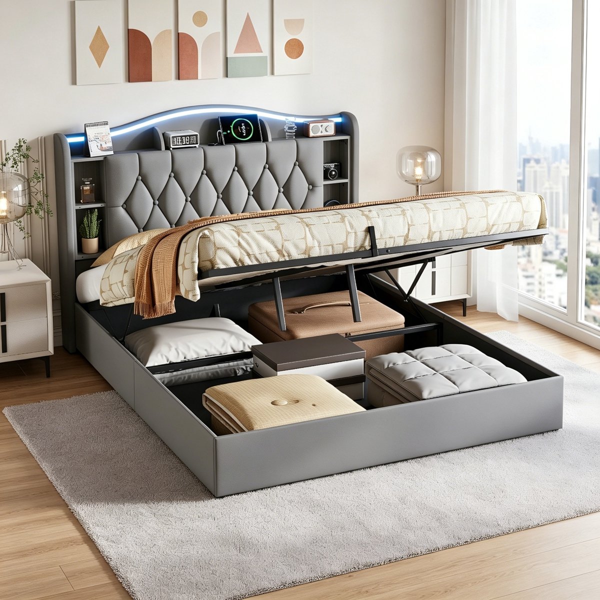 Tweepersoonsbed 140x190 cm met hydraulische opbergruimte, RGB-ledverlichting en USB/Type-C-aansluiting, Opbergbed hoofdbord met opbergplanken, bedframe met lattenbodem, fluwelen bekleding, Grijs
