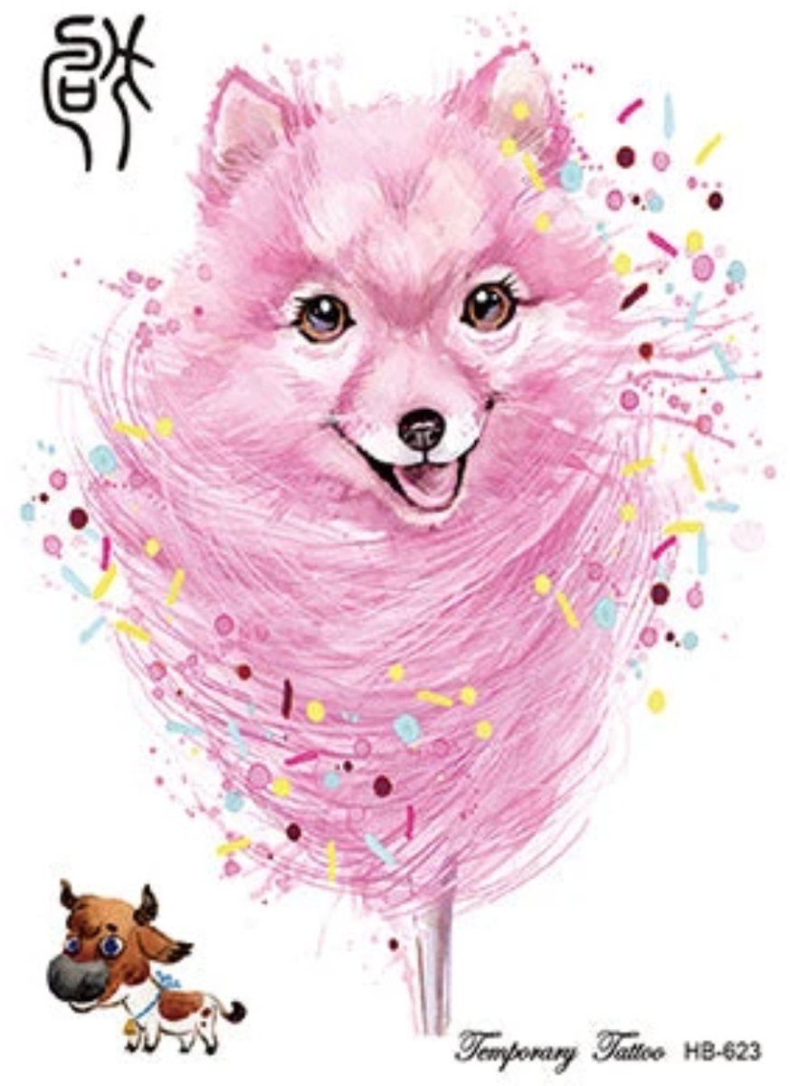 Temporary Tattoo Roze Hond (A5 formaat) [Neptattoo - Tijdelijke tatoeage - Nep Fake Tattoos - Water overdraagbare festival sticker henna outfit tattoo - Glitter tattoo - Volwassenen Kinderen Jongen Meisje]