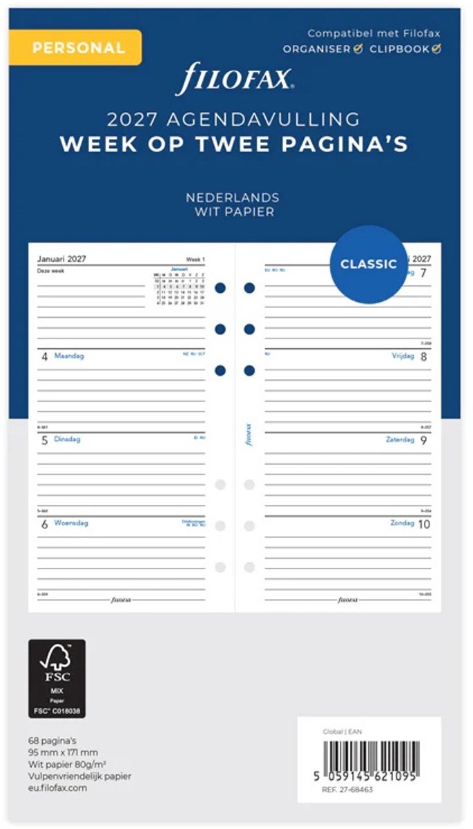 Filofax Personal 2027 Nederlandstalig 1 week op 2 pagina’s