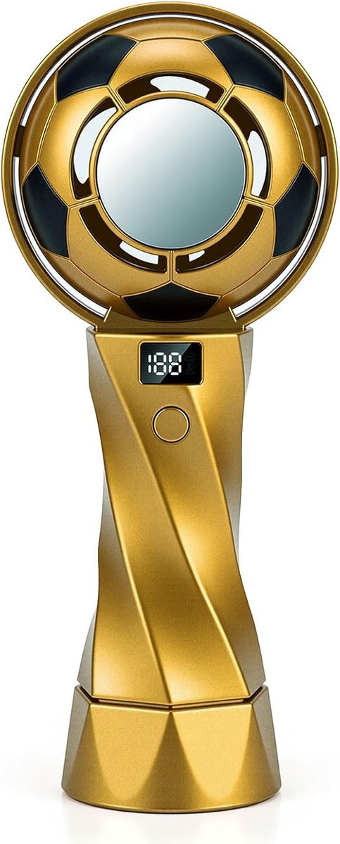 Cadeaus voor voetbalfeestjes: Handventilator in de vorm van een voetbaltrofee, oplaadbare 3000mAh elektrische draagbare ventilator met 5 snelheden en digitaal display voor zomerse wedstrijddagen en buitensporten (goud, 1 stuk)