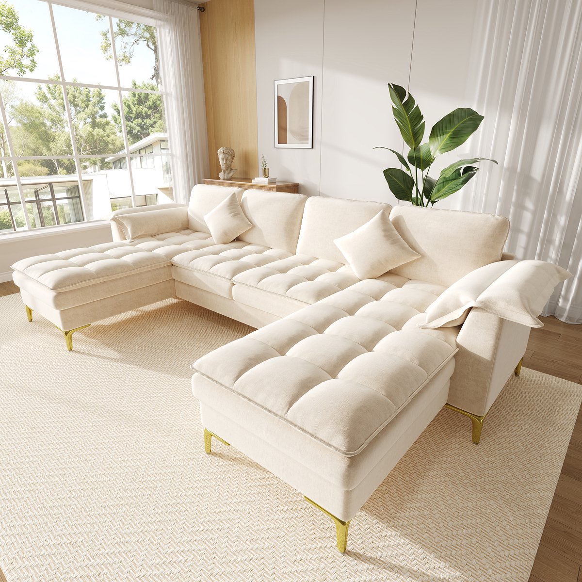 Moderne Hoekbank, U-Bank, 4-Zits bank, U-Vormige Hoekbank, Modulair Ontwerp Voor 4 Personen Met Wolkachtig Design En Dubbellaagse Schuimkussens, Inclusief 2 Chaise Longues, 2 Kussens, Gouden Metalen Poten, Chenille Bekleding, Beige