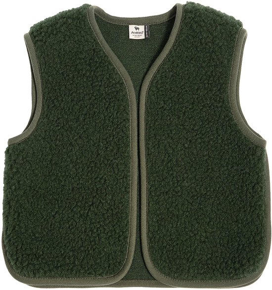Donkergroen Alwero gilet voor kinderen van wollen fleece met een open voorkant.