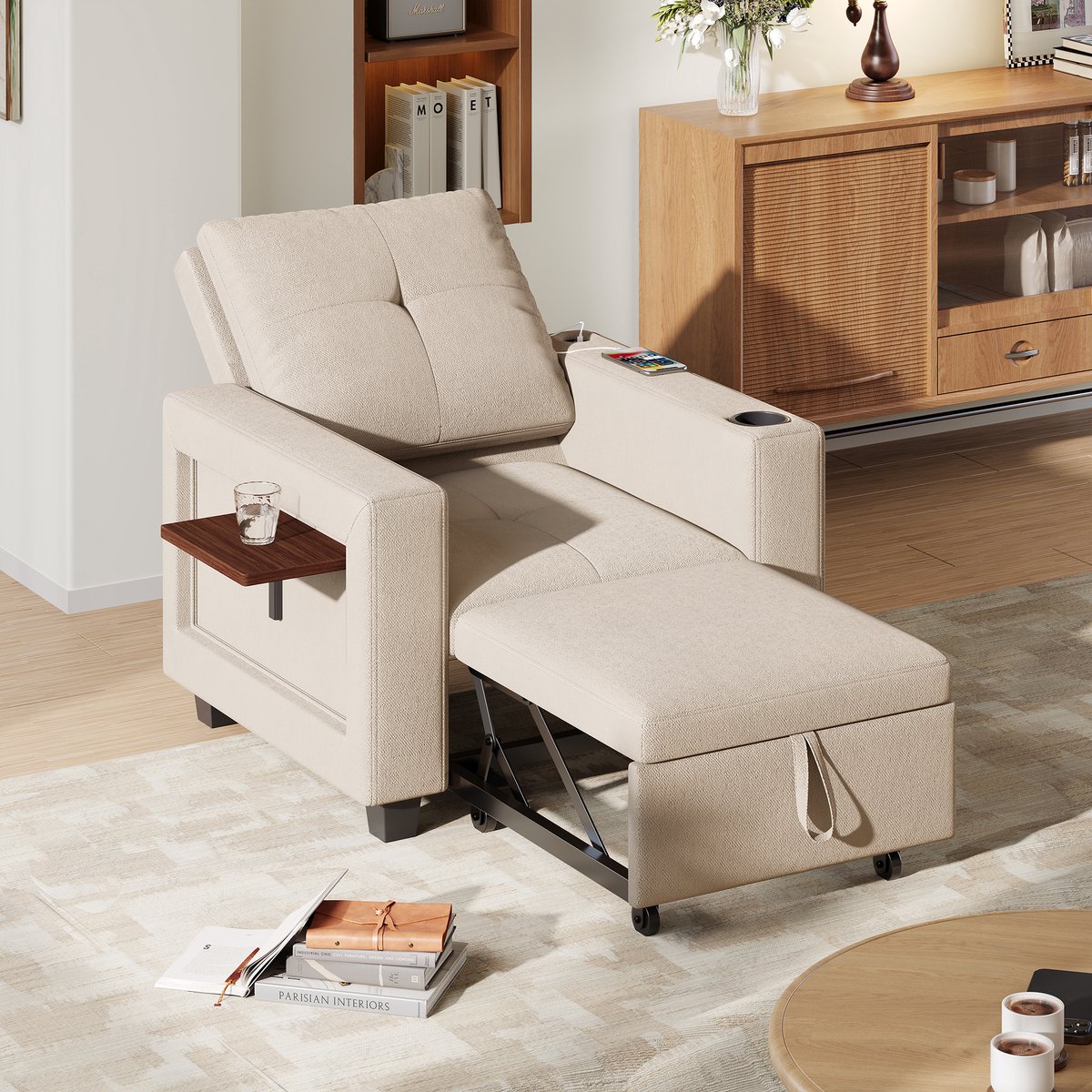 3-in-1 Slaapstoel Beige – Uitschuifbare Slaapfauteuil met Slaapfunctie, 5 Standen Verstelbare Rugleuning, USB-Poort, Inklapbare Tafel en Hocker