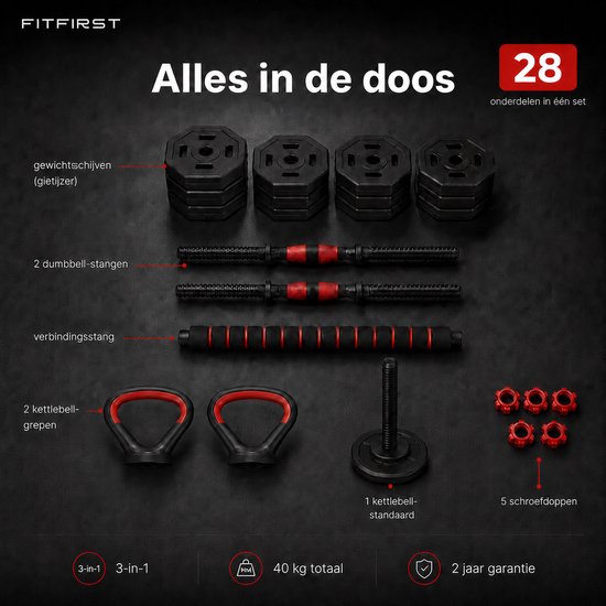 Set van 28 fitnessonderdelen, inclusief gewichtsschijven, halterstangen, verbindingsstuk, kettlebell-grepen en schroefdoppen.