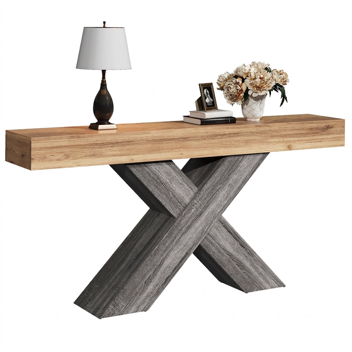 Smalle consoletafel met X-vormige poten – houtlook en spaanplaat, perfecte bijzettafel voor hal of woonkamer