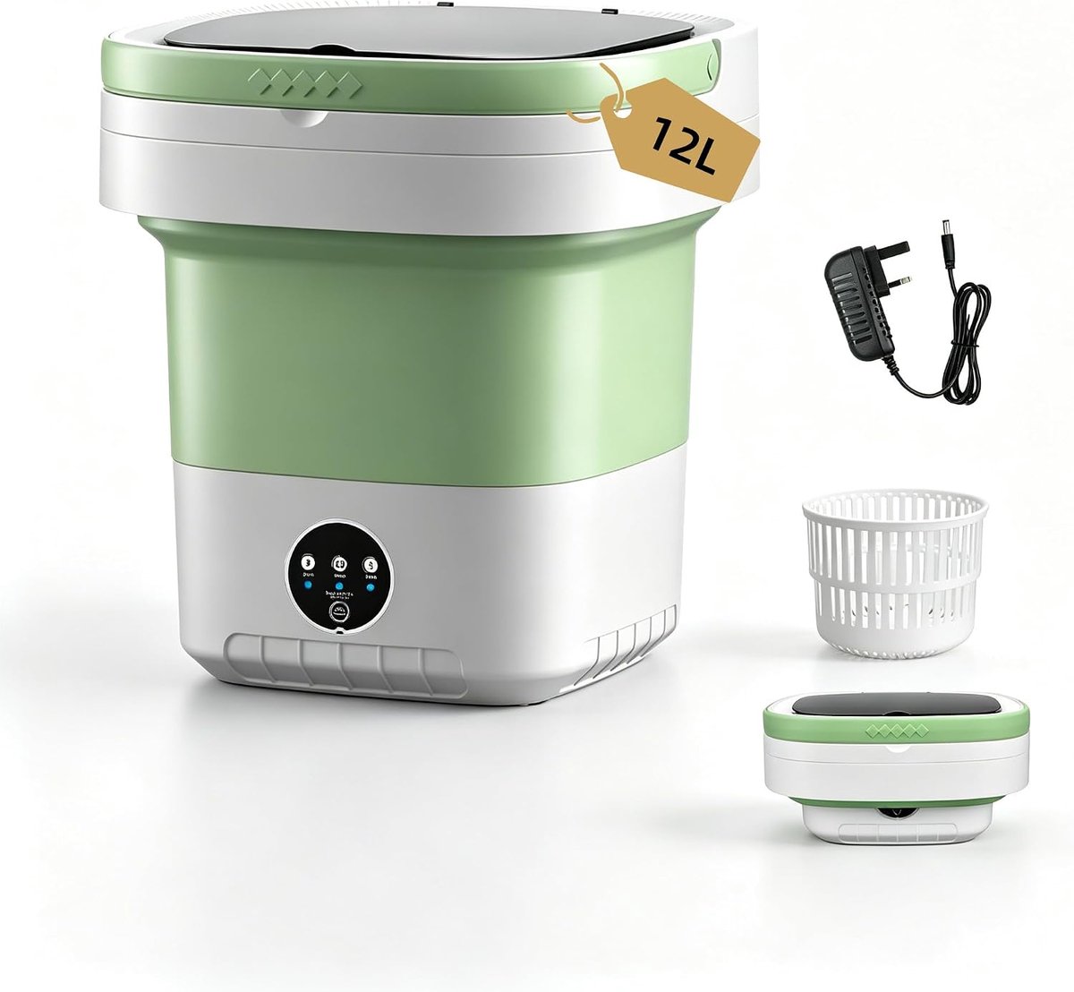 KZQ Mini Draagbare Wasmachine - Opvouwbare Wasmachine - met Centrifugeerfunctie en 3 Wasprogramma's - Geschikt voor Camping, Hotels, Appartementen - Compact en Lichtgewicht - Groen - 12 Liter - 30 x 30 x 33 cm