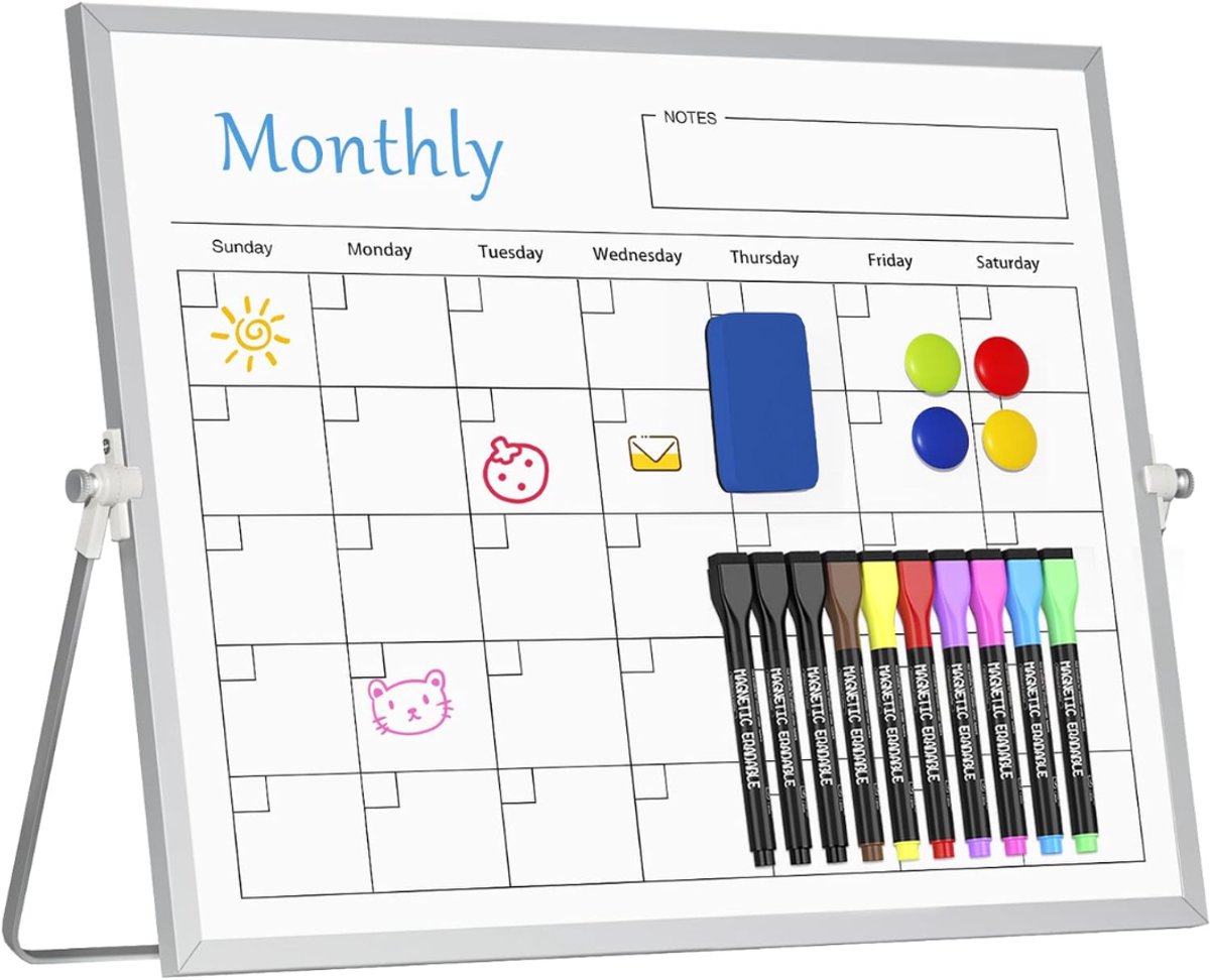 SNJY® Maandplanner Magnetisch - Familieplanner - Gezinsplanner - Inclusief Markers en Magneten - 40x30 cm - Wit