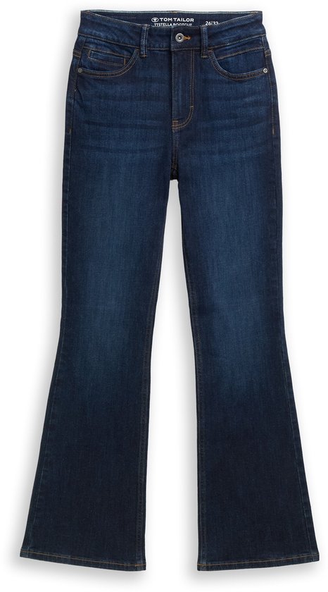 Donkerblauwe bootcut jeans met hoge taille, met een knoopsluiting, vijf zakken en een klein logo op de tailleband.