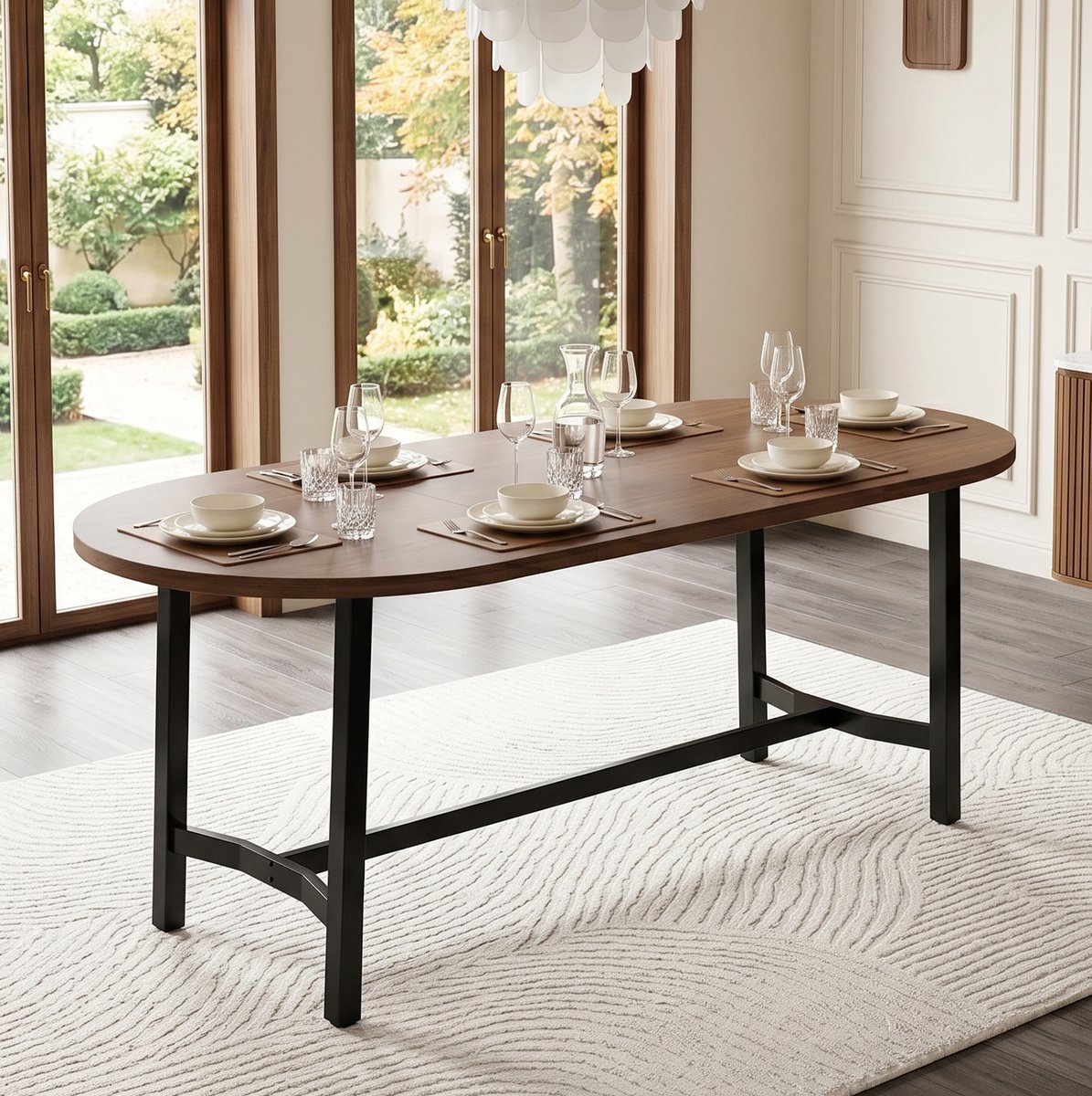 Wishdor Eettafel 180x80x75 cm - afgeronde hoeken - MDF en metaal - walnootkleur - geschikt voor 6 tot 8 personen
