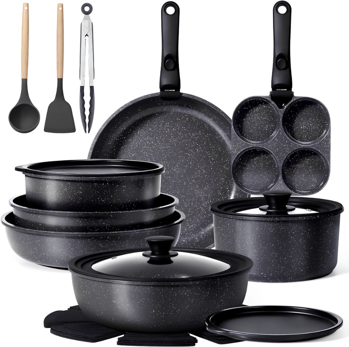 Lìon® Pannenset - Pannenset Inductie - 21 Stuks Pannen - Zwart - 33cm x 28cm x 18cm