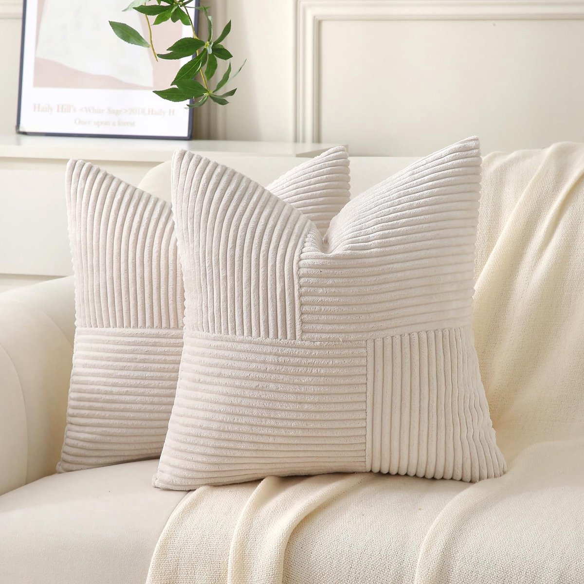 SnelShoppen - Set van 2 corduroy kussenslopen 40 x 40 cm beige, wollig boho kussenslopen voor bank, bed en woonkamer, zachte decoratie voor sierkussen