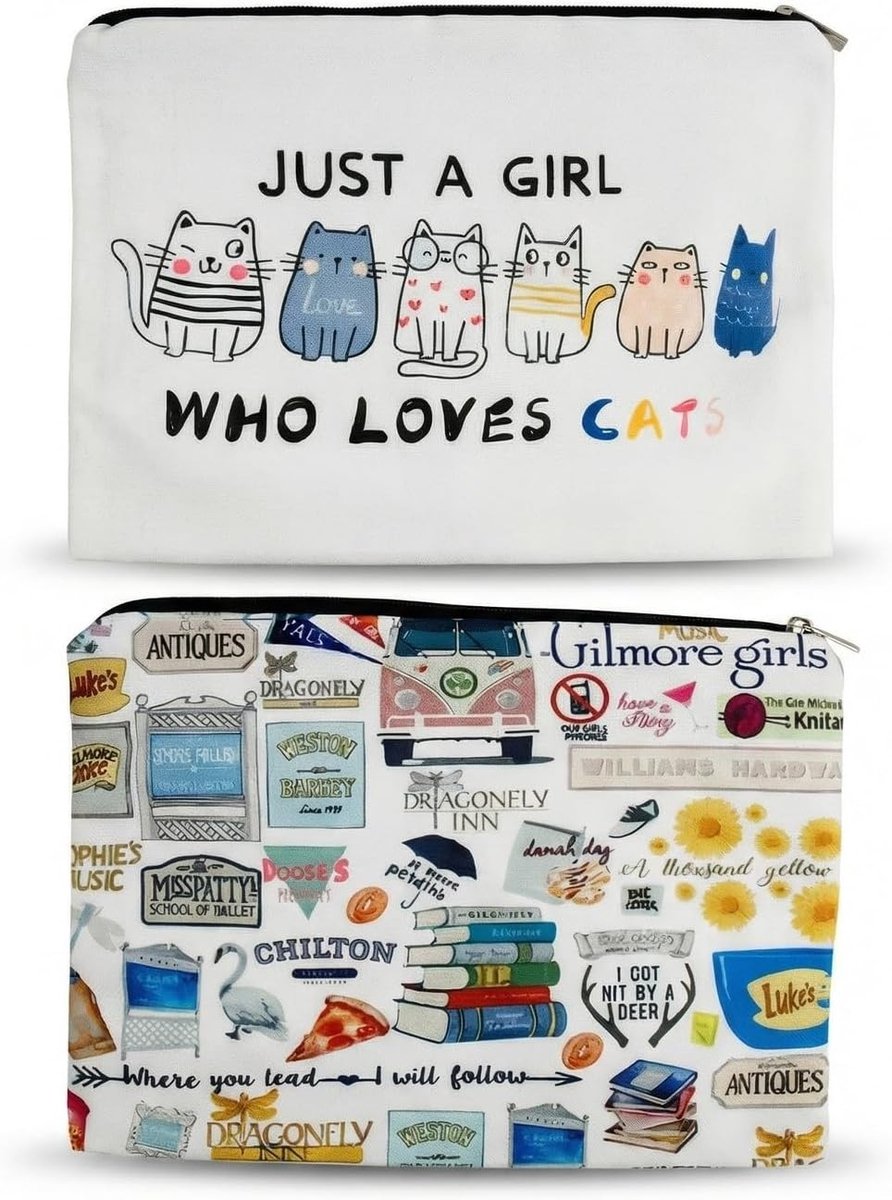 2-delige set kleine canvas make-uptasjes, klein make-uptasje met ritsen, toilettas voor dames met kattenmotief - ShopVlot