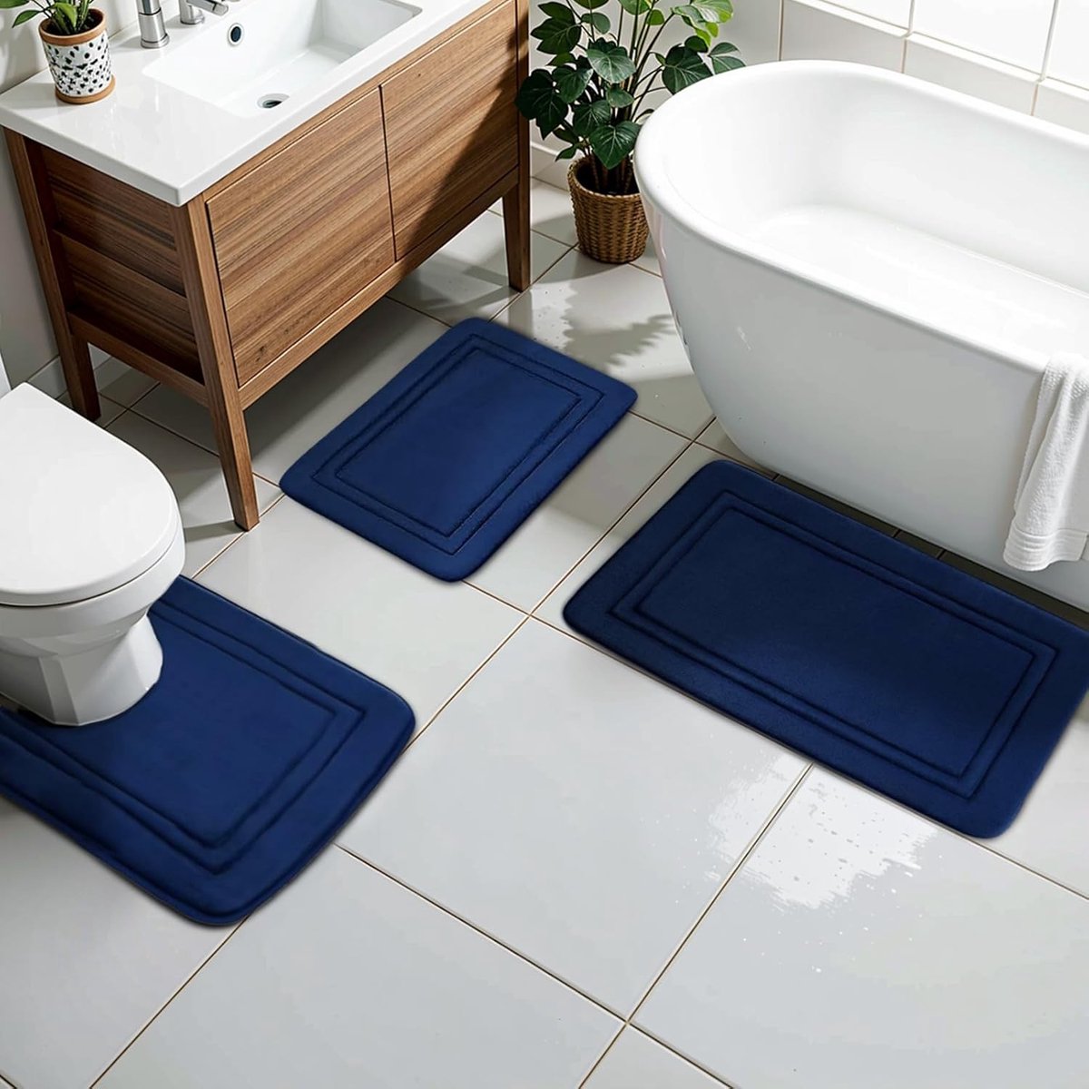 Badkamermat Set - Badmatten Toiletmat - Badkamer Comfort - Antislip Onderkant - 3-delig - Marineblauw