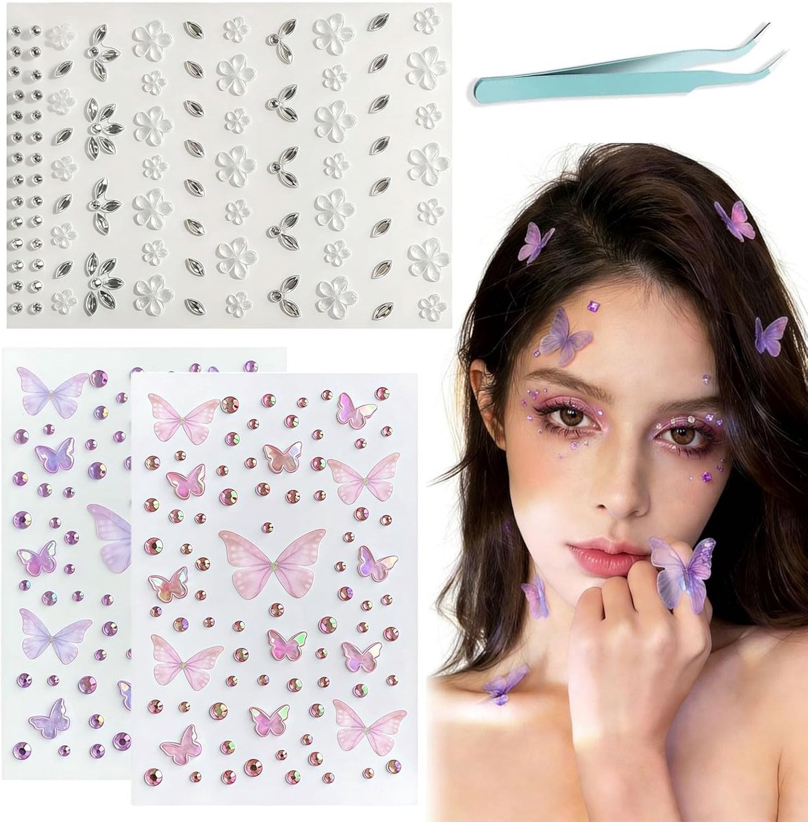Zelfklevende Gesichtssteentjes – Versieringen voor Festival, Make-up en Haaraccessoires met Vlinders en Harten