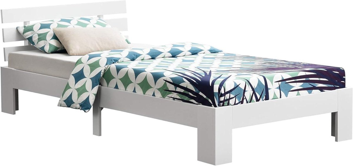 Houten bed - Eenpersoonsbed - Slaapkamer inrichten - Met bedbodem - 90x200 cm - Wit