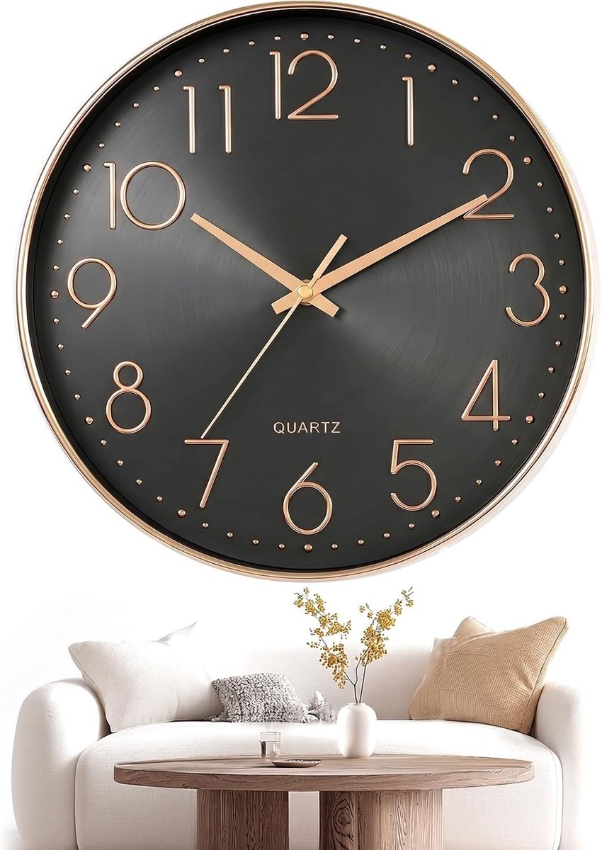Moderne ronde wandklok 30 cm met stil kwartsuurwerk, elegante zwarte wijzerplaat en gouden 3D-cijfers voor thuis, kantoor en schooldecoratie