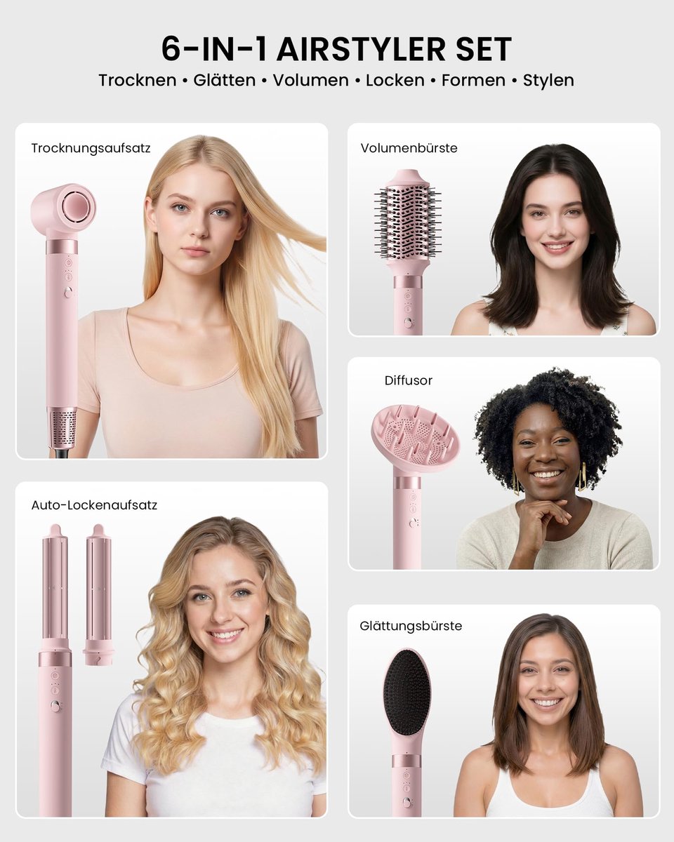 SnelShoppen - MESCOMB Air Styler 6-in-1 Föhnborstel met Diffuser, Automatische Krultang, Stijlborstel, Sneldrogend, Ionische Verzorging, Opbergtas, Ge