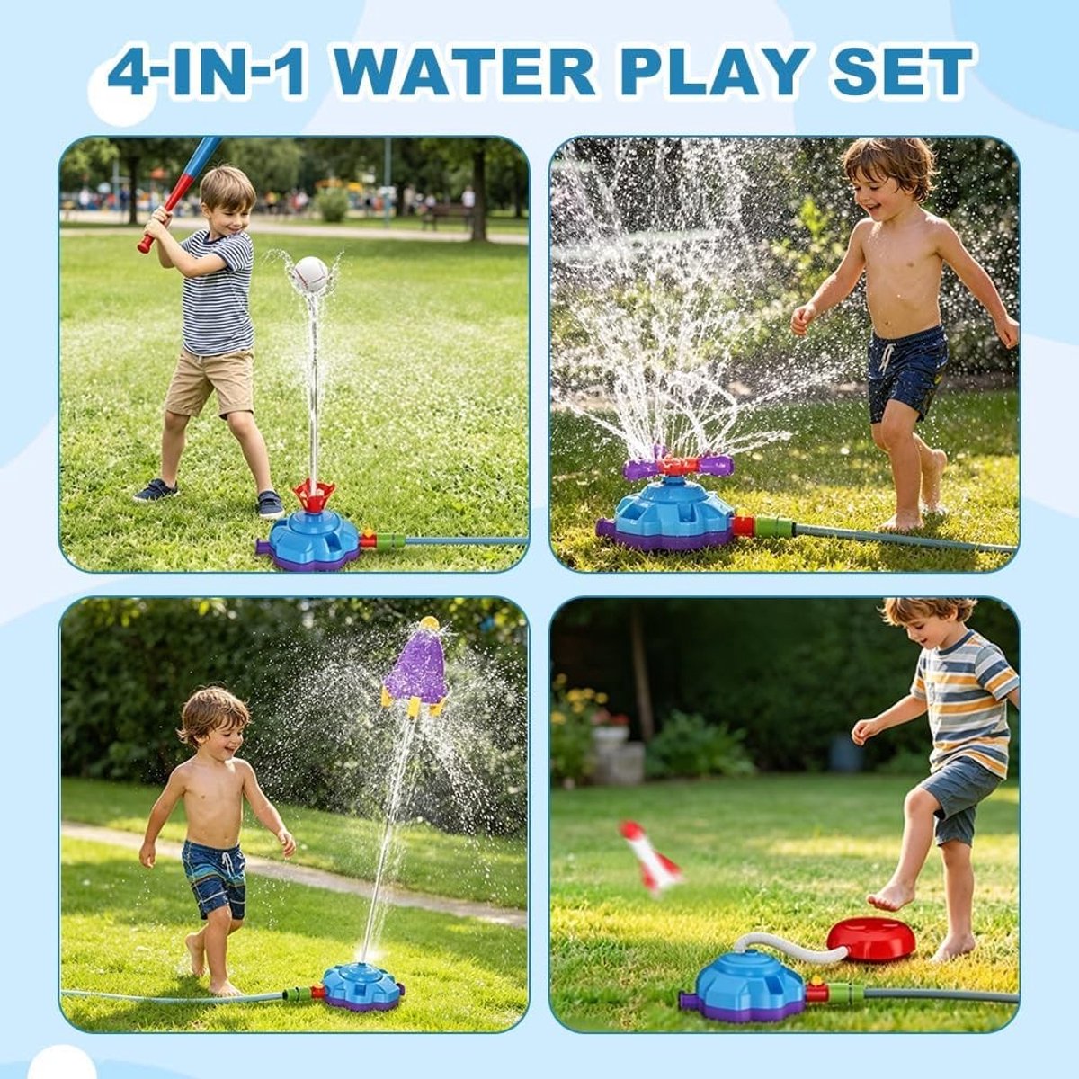 4-in-1 Water Speelgoed voor Kinderen, Buiten Water Sprinkler met Rockets, Ideaal voor Tuin, Zwembad en Zomerplezier