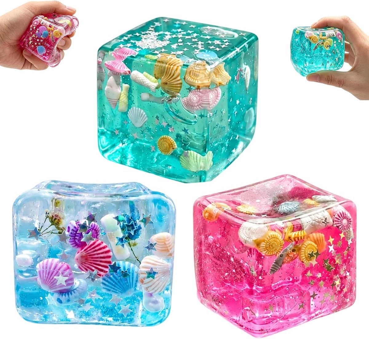 Ryoudavell Oceaan IJsblokje Anti Stress Fidget - Set van 3 - Rising Anti-Stress Bal - - Sensorisch Knijp & Rek Speelgoed tegen Stress & Angst - Rustgevend Sensorisch Fidget Toys - Roze, Blauw & Groen - Rustgevend Sensorisch Fidget Toys
