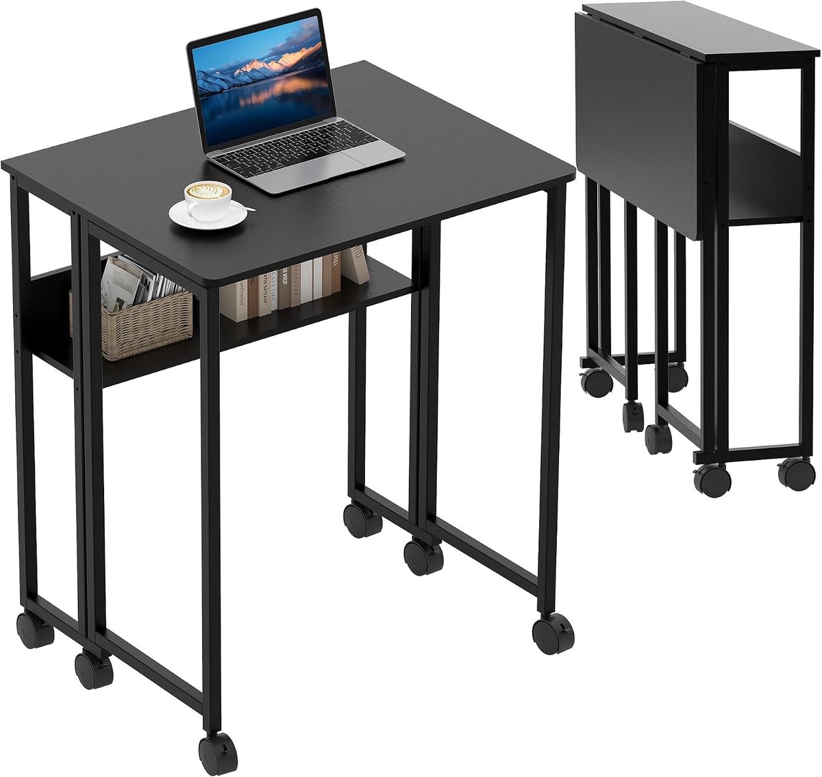 Compact Inklapbaar Bureau op Wielen - 63 x 50 x 75 cm - Verrijdbare Computertafel met Opbergplank - Ruimtebesparend Thuiswerk Bureau - Eenvoudige Montage - Zwart