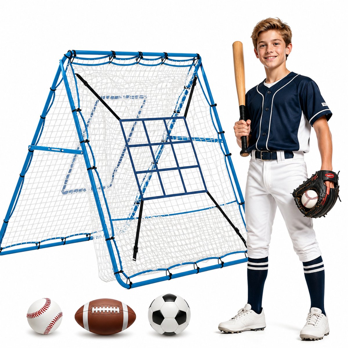Danky 2-in-1 honkbalreboundnet, 9 doelzones, stevig stalen frame, verstelbare hoek, draagbaar, 195x130x152cm, multisporttraining voor binnen en buiten voor honkbal, softbal en American football