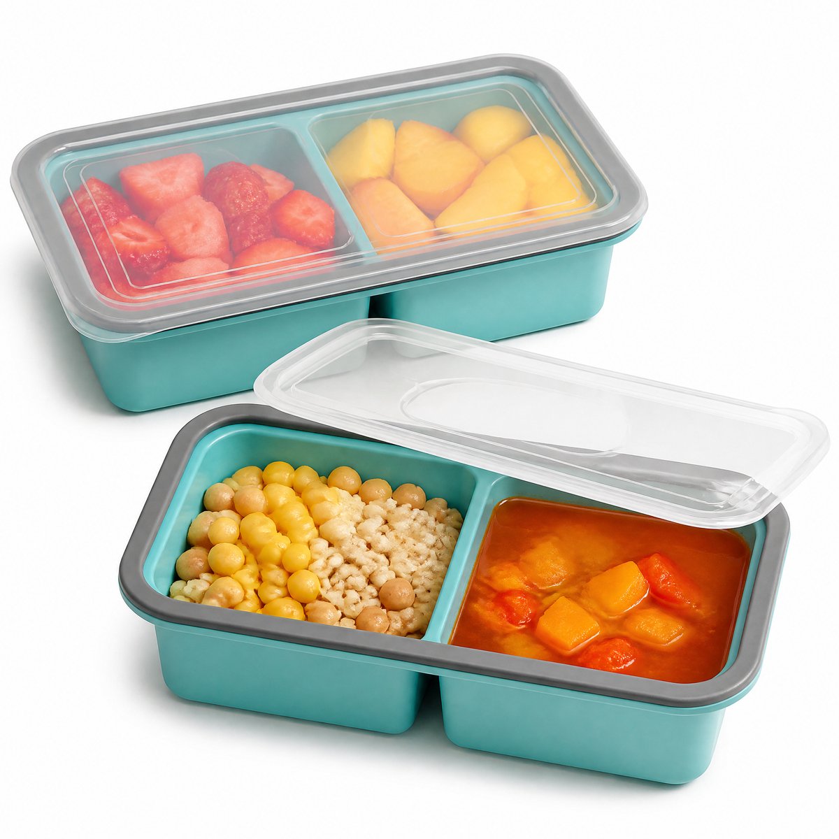 Siliconen diepvriesvorm met deksel - 2 stuks - 2 vakken van 500 ml - Voor soep, sauzen en maaltijdporties - Blauwgroen – Portie Invriesbakjes, Babyvoeding – Stapelbaar & Lekvrij – Meal Prep Container - Soepbasis bewaarbakjes - bouillons, ijs