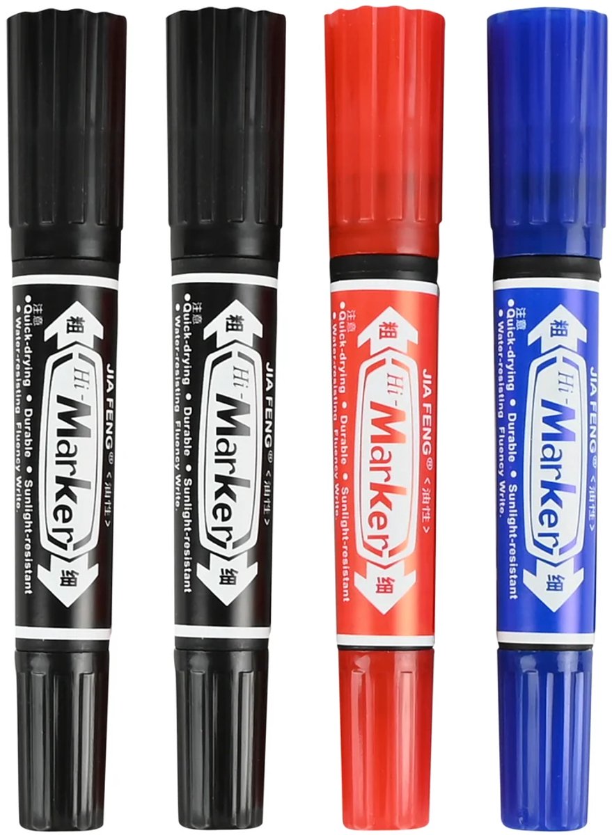 Permanent Marker Set 4 Delig – Dubbele Punt – Zwart, Rood en Blauw – Watervast en Slijtvast