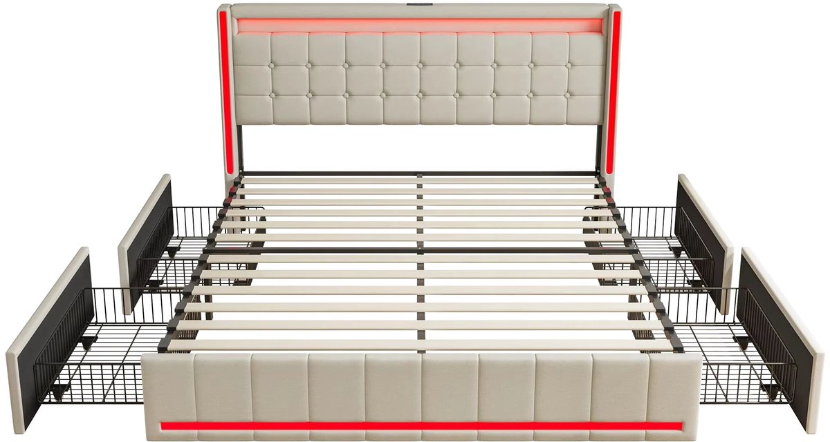 Opbergbed 140x200 cm Beige - met LED Verlichting, Opbergruimte, Oplaadstation