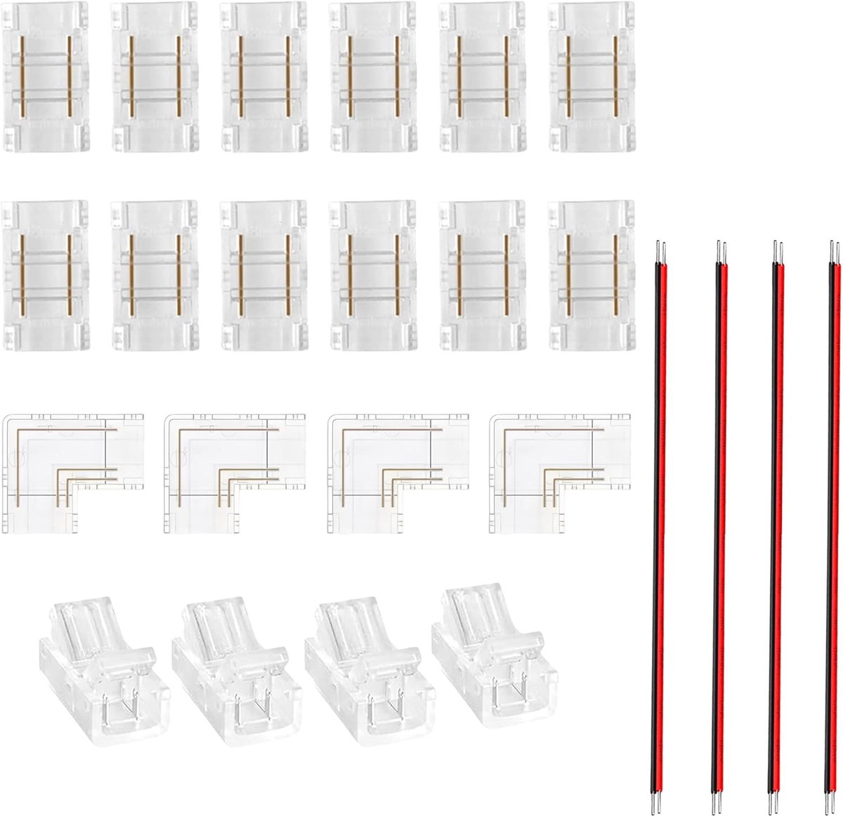 SnelShoppen - 2Pin Transparante LED Strip Connector Hoek Kit zonder Soldeer 8mm - Verbind 4P, 12P, L-vormige Connector - Rood en Zwart Draad 4P - Voor