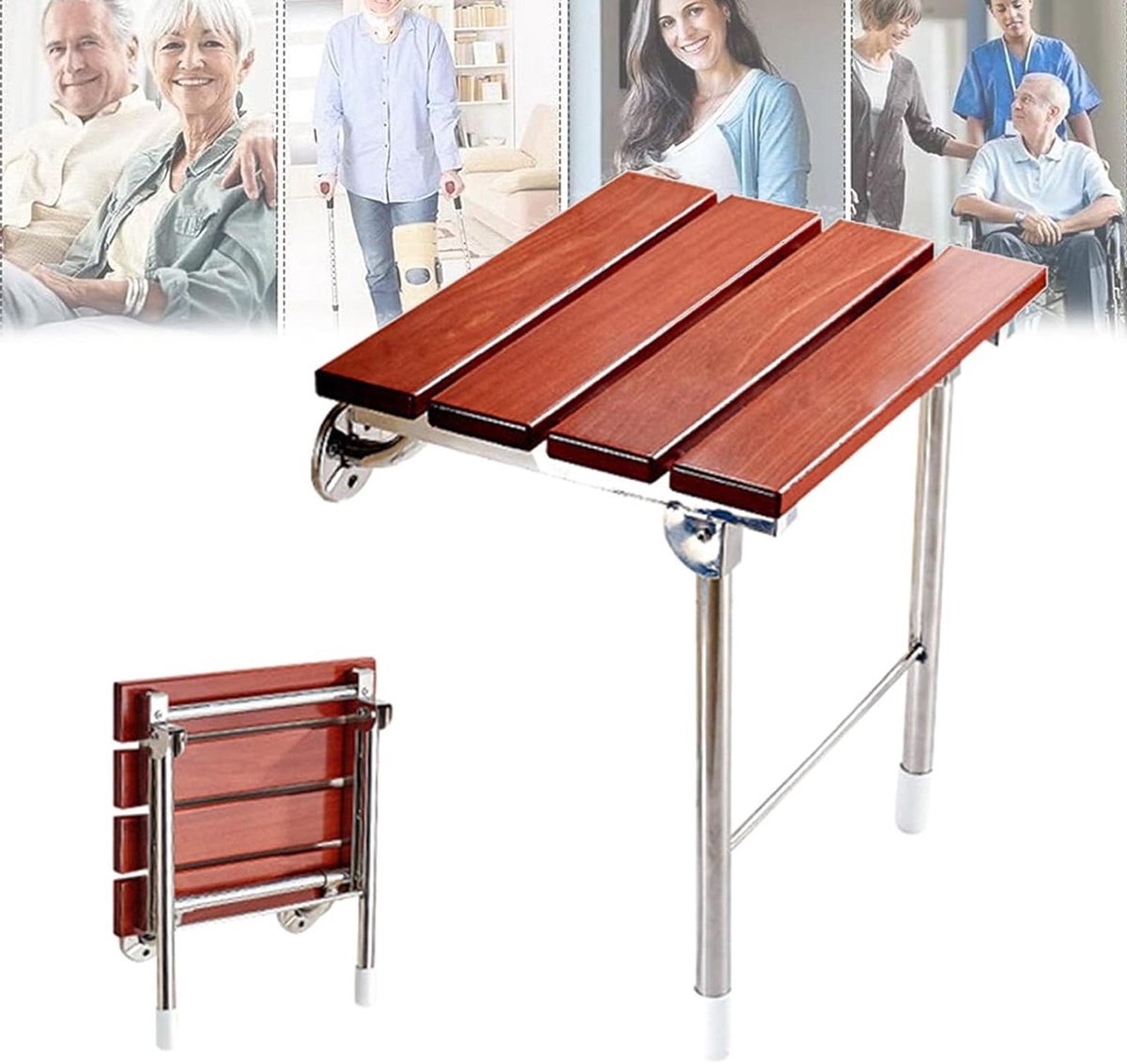 Opvouwbare Douchestoel - Wandmontage Kruk - Veilig Douchen - Massief Teakhout - 15 inch - Houtkleur